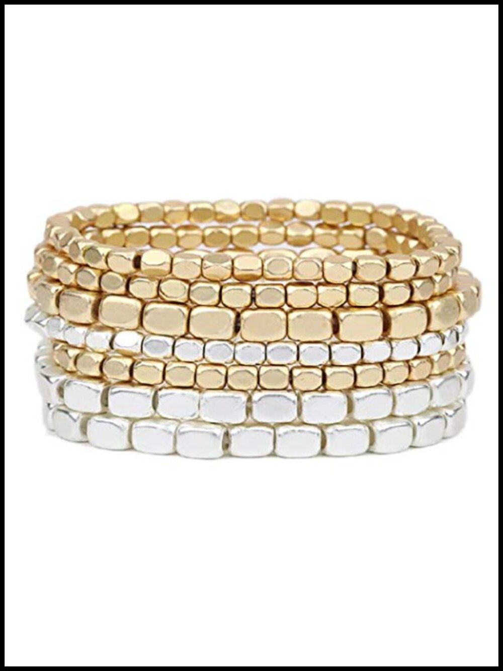 Chunky Beaded Bracelet Stack Set of 7 Stretch Silver Gold Women Accessories